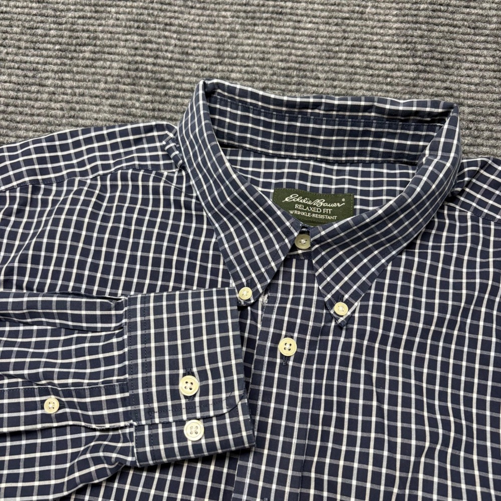 Eddie Bauer Mens XL Tall Relaxed Fit Wrinkle Resistant Check Button Down Shirt